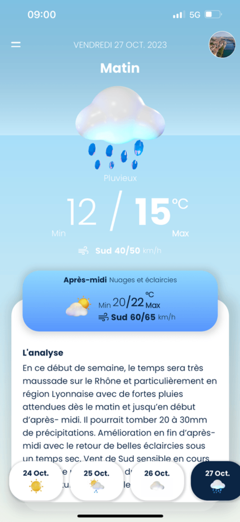 Prévi+ - Écran de l'application météo Previ Plus montrant les prévisions de pluie et l'analyse d'un expert
