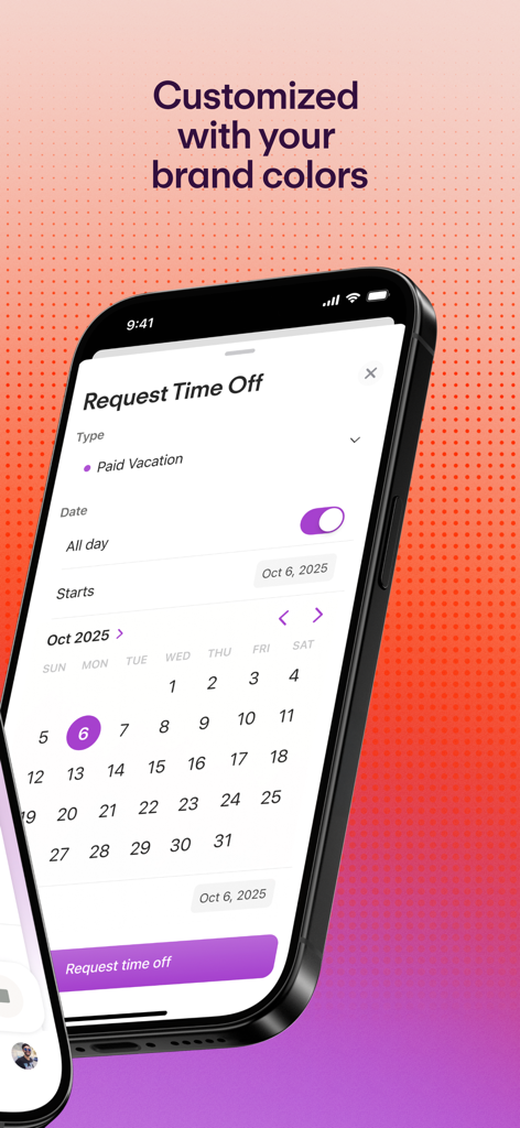 Personio mobile app interface for requesting time off with custom company branding and a calendar view.
