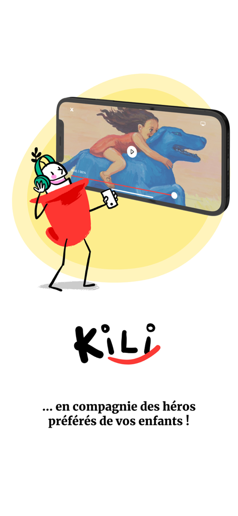 KiLi, l'appli des enfants - KiLi app interface showing a story illustration and a character wearing headphones