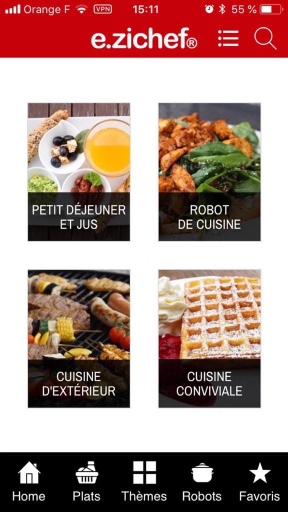 e.zichef - Écran d'accueil de l'application e.zichef affichant des catégories de recettes d'aliments pour robots de cuisine et de cuisine d'extérieur