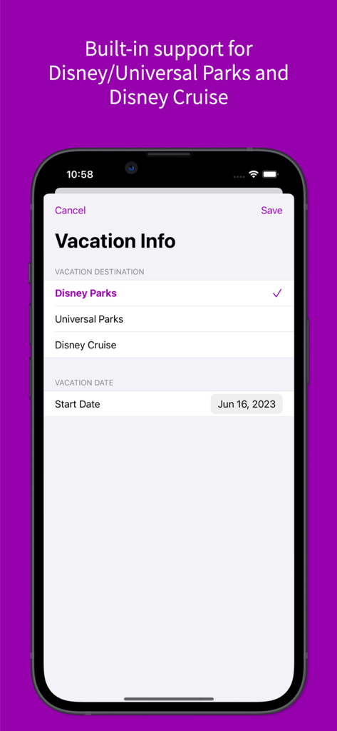 Una pantalla de aplicación móvil para seleccionar un destino de vacaciones y fecha de inicio para parques de Disney o Universal.