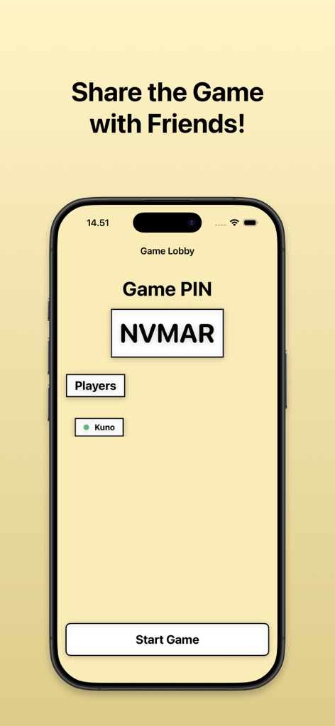Pantalla de iPhone que muestra la sala de espera del juego Music Bingo con un PIN de sala único y un botón de iniciar juego.