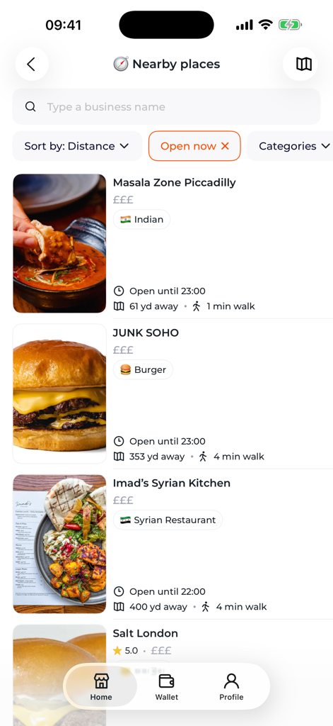 Yalla Halal - A mobile app interface displaying a list of nearby Halal restaurants with details like cuisine type distance and opening hours