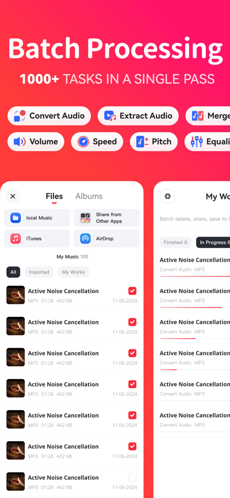 MP3 Converter - video2mp3 - Interface of the MP3 Converter app showcasing batch processing for multiple audio conversion tasks at once.
