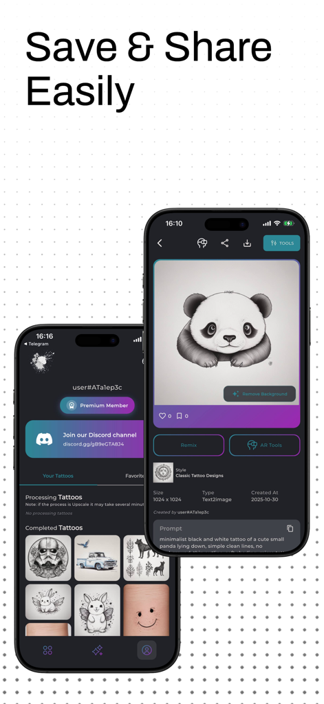 InkStudio – Tattoo Master AI - Two smartphone screens showing the InkStudio app interface with a gallery of tattoo designs and a detailed view of an AI generated panda tattoo.