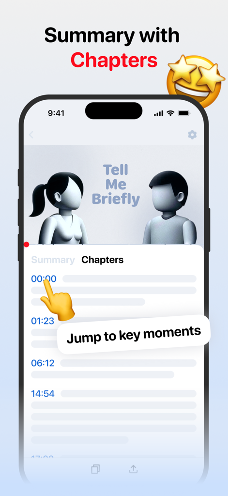 핵심 순간으로 이동하기 위한 클릭 가능한 타임코드가 있는 YouTube 동영상 챕터를 표시하는 모바일 앱 인터페이스