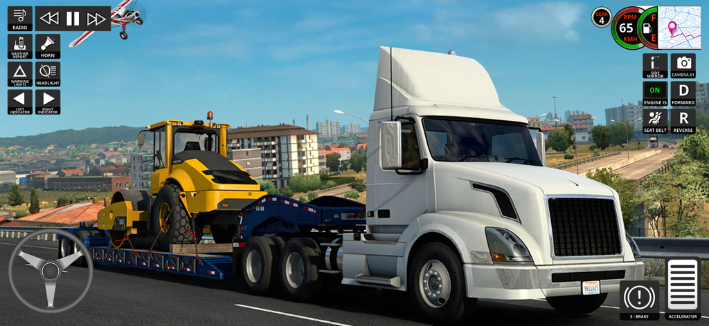 A white semi truck transporting a yellow road roller on a highway with game UI controls