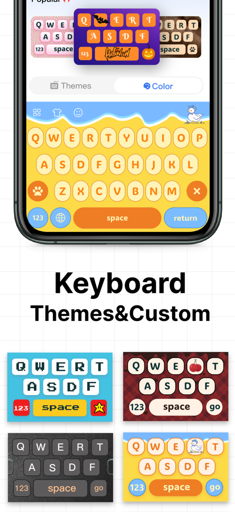 Una varietà di skin per tastiera personalizzate che mostrano colori diversi e temi come Halloween e personaggi dei cartoni animati