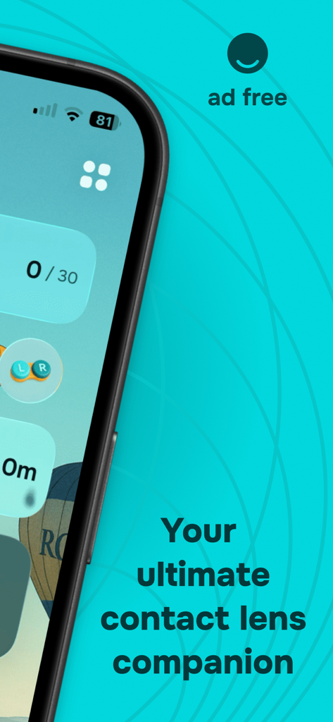 Lenso - Contact Lenses Tracker - Interfaz de la aplicación móvil Lenso con el texto tu compañero definitivo de lentes de contacto y un ícono de publicidad gratuita
