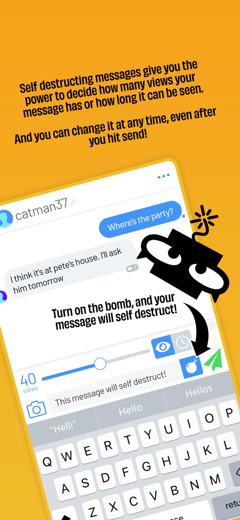 폭탄 아이콘으로 자동 삭제 메시지 설정을 보여주는 DatChat 앱 인터페이스 미리 보기