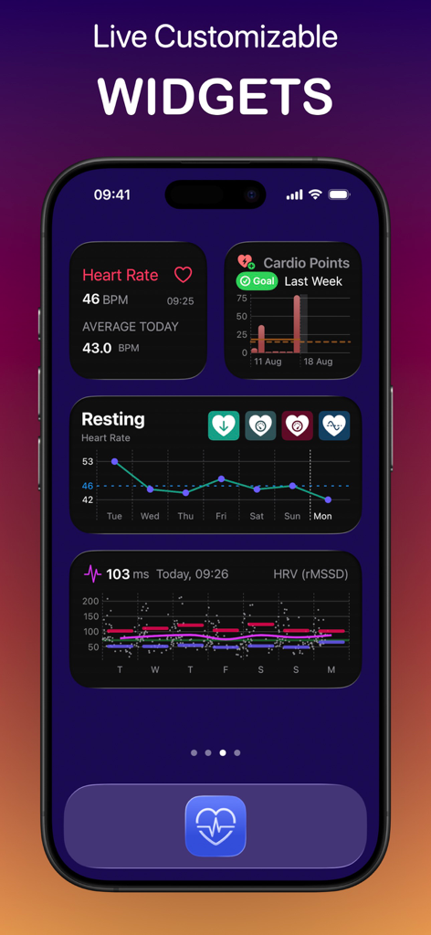 Écran d'accueil de l'iPhone doté de widgets de santé cardiaque personnalisables pour la fréquence cardiaque et les mesures de VRC