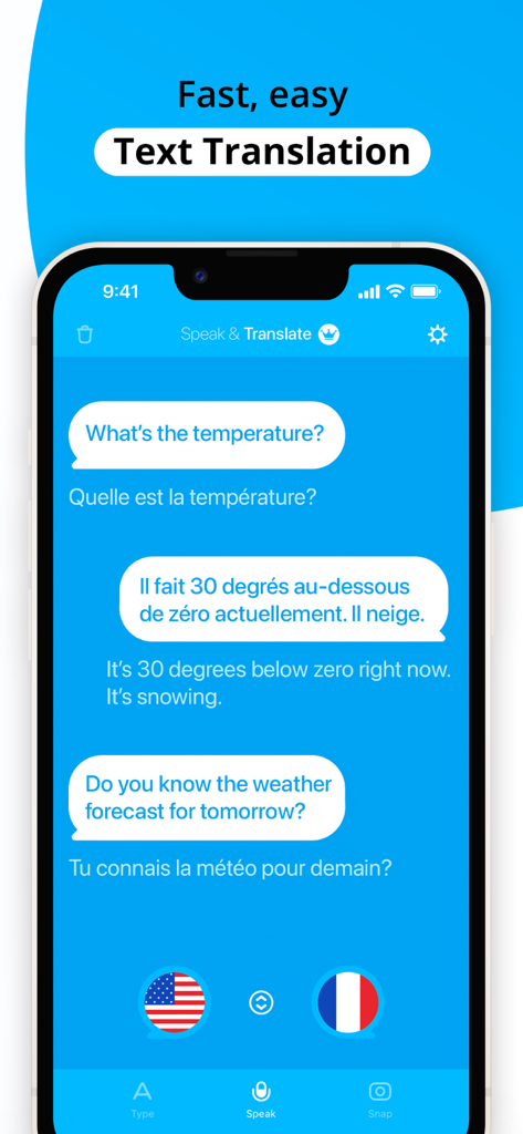 Interfaz de la aplicación Speak and Translate que muestra traducción de texto en inglés y francés en un diseño de chat