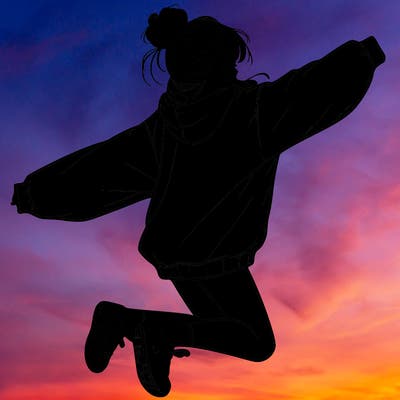 realistic girl jumping with a bun and oversized sweatshirt