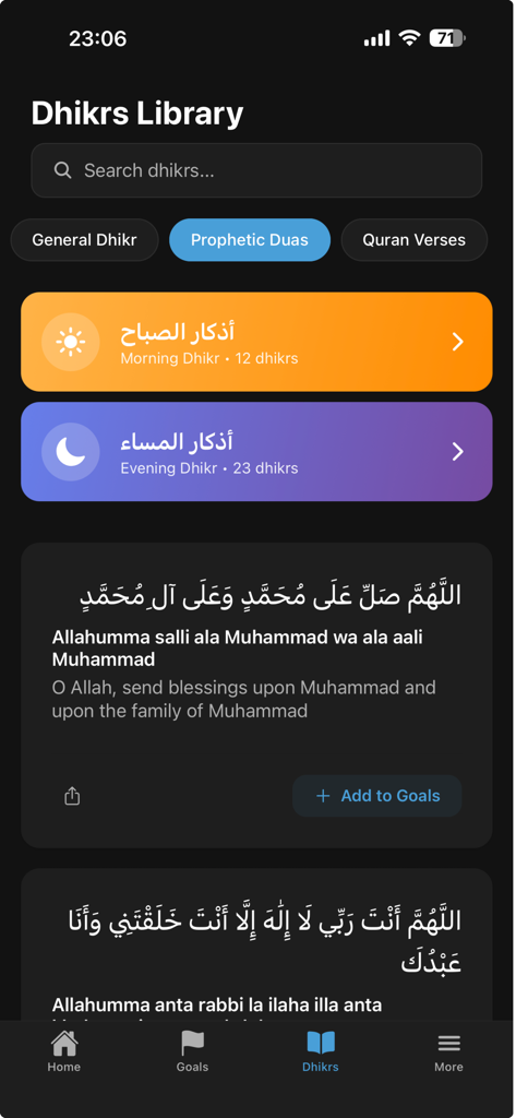 Dhikr - Tasbeeh & Adhkar - Interfaz de aplicación móvil que muestra la Biblioteca de Dhikrs con varias categorías de oración y texto en árabe con traducciones.