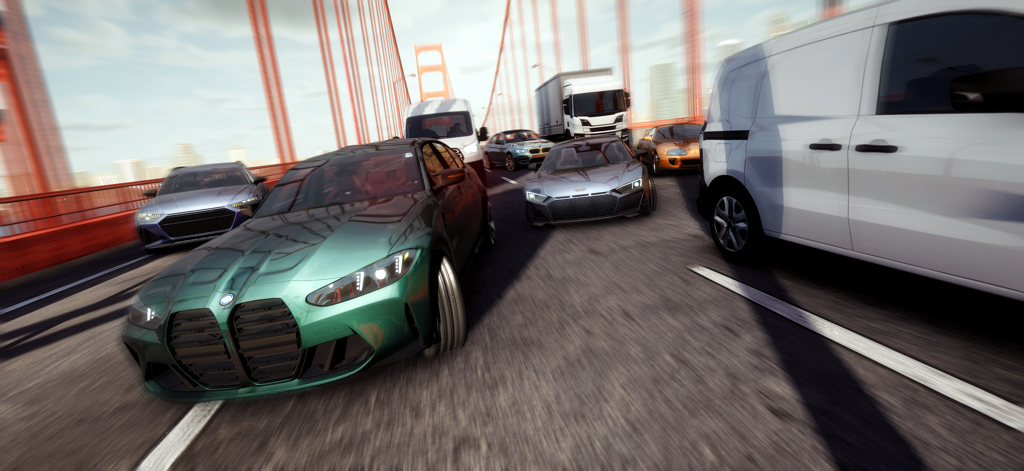 Highway Racer Pro - Corrida de carros realista em alta velocidade através de tráfego intenso em uma ponte suspensa.