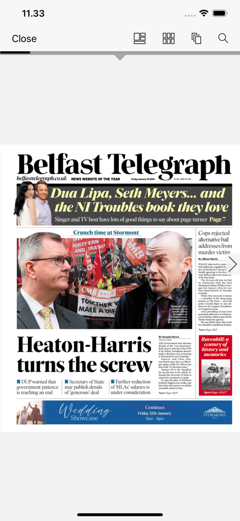 Digital replica of the Belfast Telegraph newspaper front page featuring local news and headlines