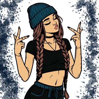 realistic teenage girl with braids and a beanie and crop top doing 🫶🏼