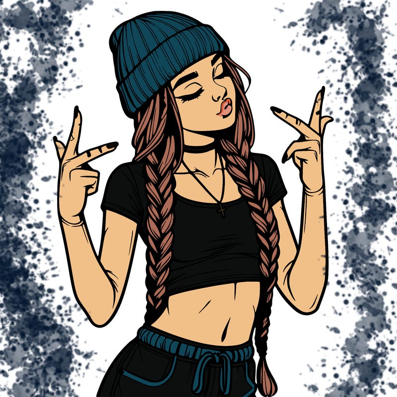 realistic teenage girl with braids and a beanie and crop top doing 🫶🏼