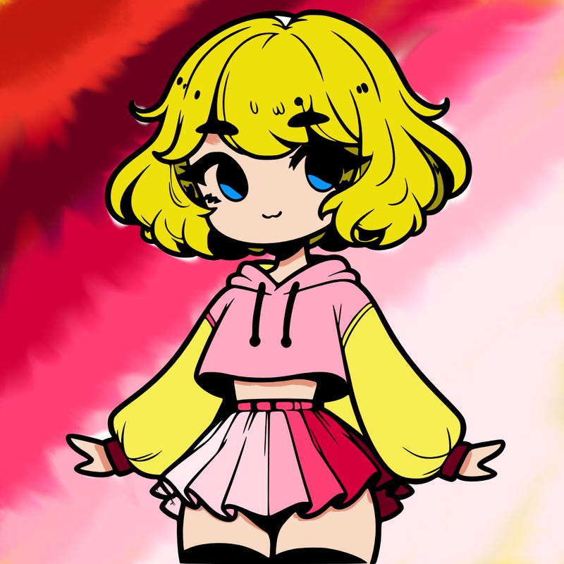 cute femboy with short, fluffy hair that softly frames their face, wearing a cropped hoodie, paired with a flouncy short skirt, and thigh-high stockings