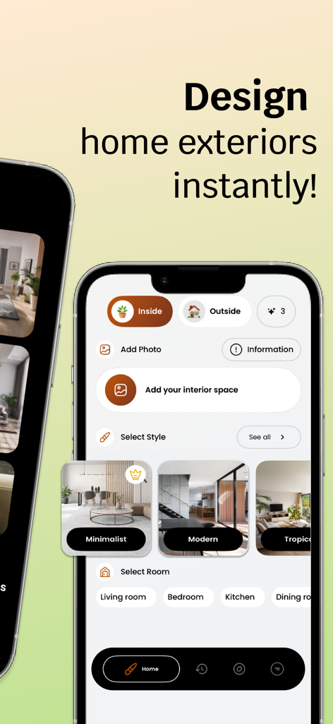 Interfaccia dell'app AI Home Designer su un iPhone che mostra opzioni per selezionare stili di interior design e tipi di stanze come soggiorno e camera da letto