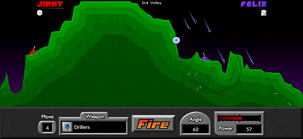 Pocket Tanks - Screenshot aus dem Spiel Pocket Tanks, der einen Kampf zwischen zwei Panzern auf grünen Hügeln mit Kraft- und Winkelsteuerungen zeigt