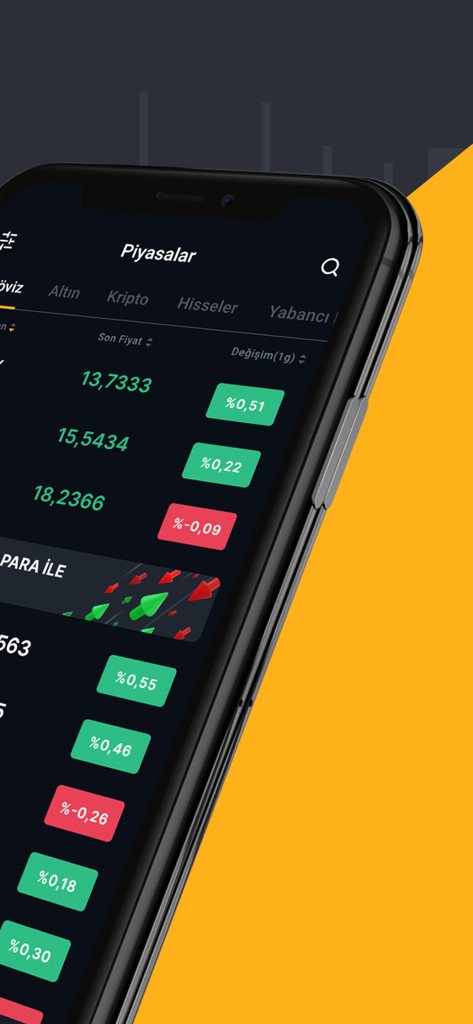 Screenshot of Paratic Piyasalar mobile app displaying live currency exchange rates and financial market data