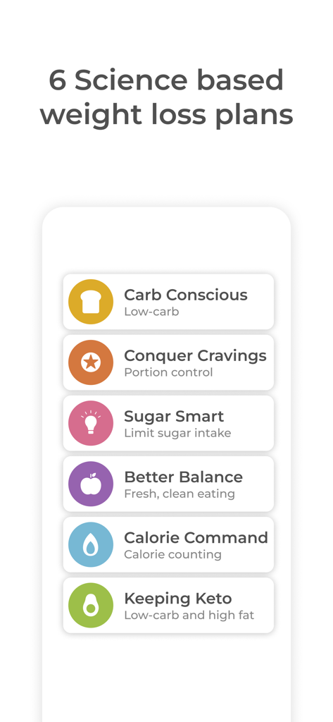 Healthi: Weight Loss, Diet App - A list of six science-based weight loss plans in the Healthi app interface.