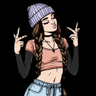 realistic teenage girl with braids and a beanie and crop top doing 🫶🏼