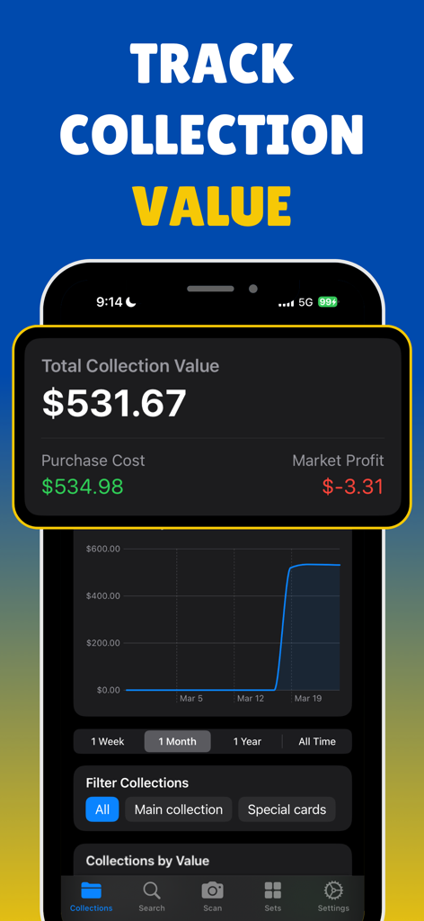 TCG - Card Scanner for Pokémon - Dashboard showing total collection value, purchase cost, market profit, and a historical price trend graph for Pokémon cards.