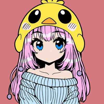 anime girl with chick shaped hat with sweater with bare shoulders with bangs covering them one eye with low tail