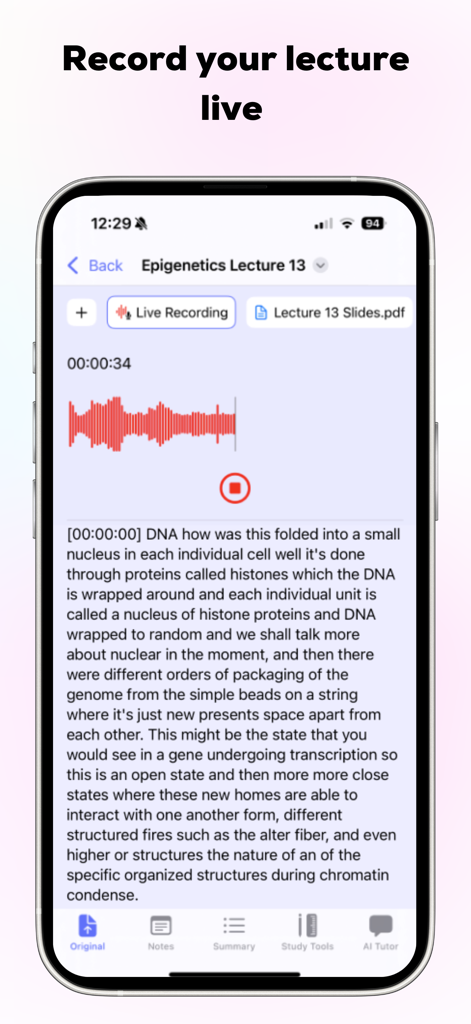 Mindgrasp - Mindgrasp app interface displaying a live lecture recording with an audio waveform and real-time transcription of an epigenetics lecture.