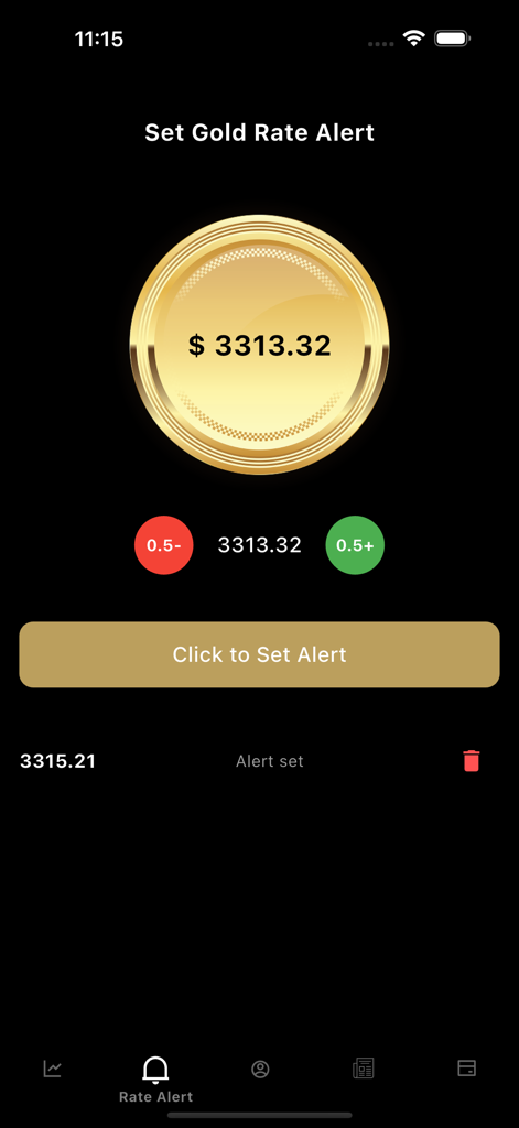 Switz Gold - Interface do aplicativo Switz Gold para configurar alertas de preço de ouro em tempo real com exibição de moeda de ouro