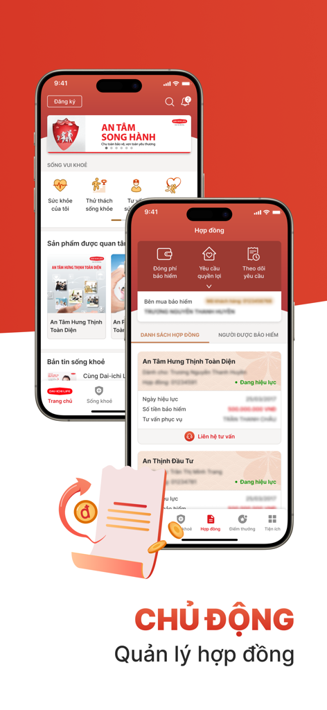 Dai-ichi Connect - Two smartphones displaying the Dai-ichi Connect app interface for managing insurance policies and health tracking.