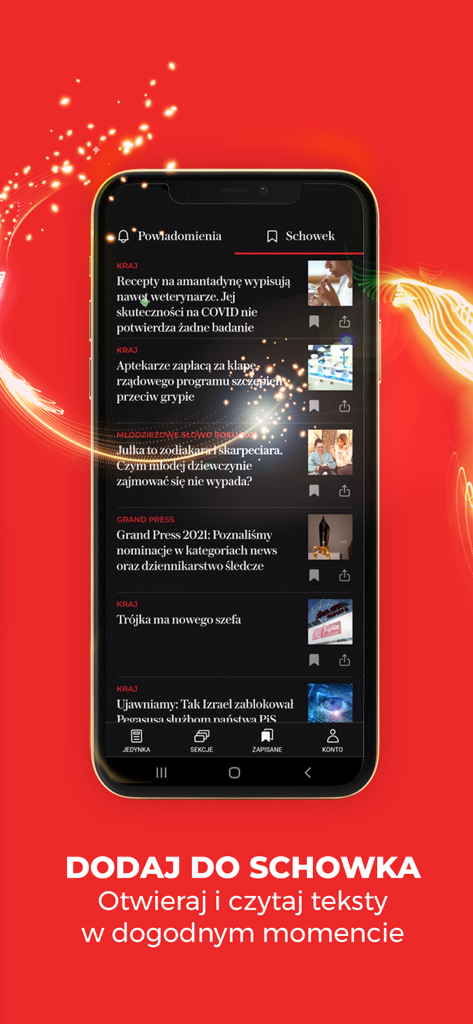 WYBORCZA: fakty, newsy, opinie - モバイルデバイスで保存された記事機能を示すWyborczaニュースアプリ。