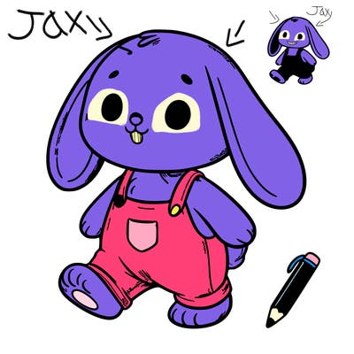 purple bunny on two legs with pink overalls