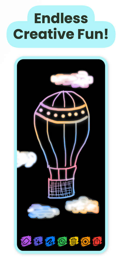 Magic scratch paper art showing a neon hot air balloon and clouds