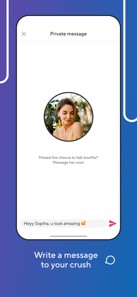 Private message screen in the Spotted dating app for sending a message to a crush after a chance encounter