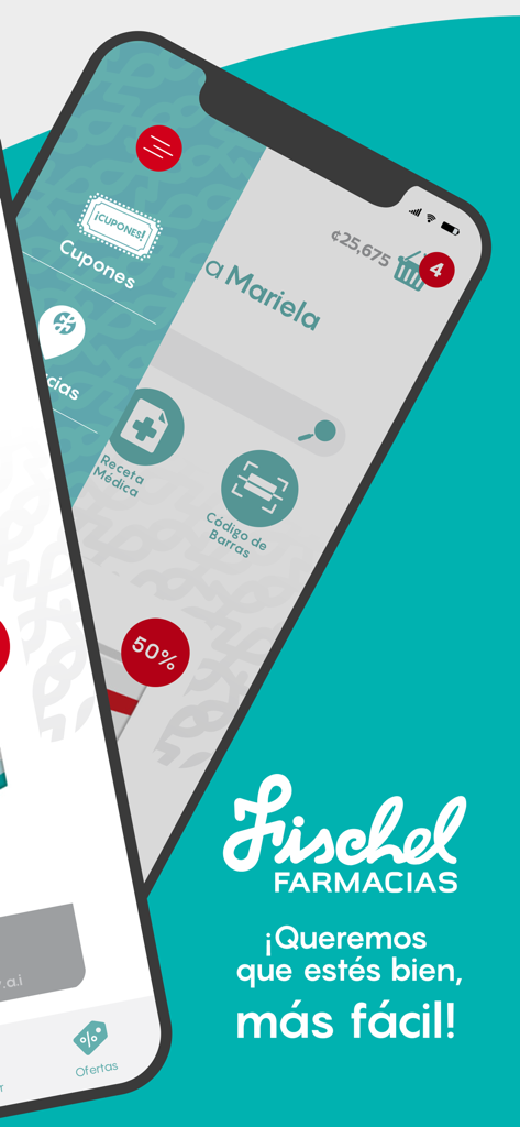 Fischel Farmacias - Main screen of the Fischel Farmacias app showing options for coupons medical prescriptions and barcode scanning