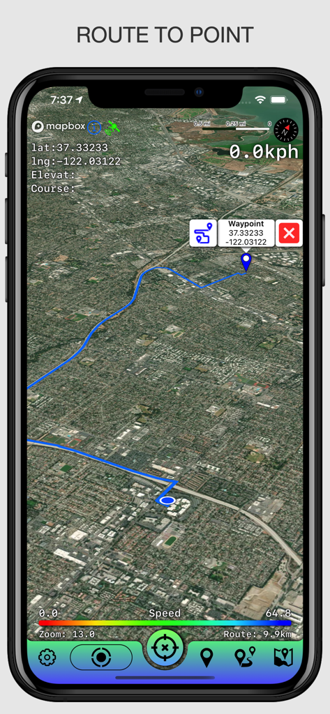Offline Maps: GPS Tracker GPX - Satellitenkartenansicht mit einer Navigationsroute zu einem bestimmten Wegpunkt mit Koordinaten.
