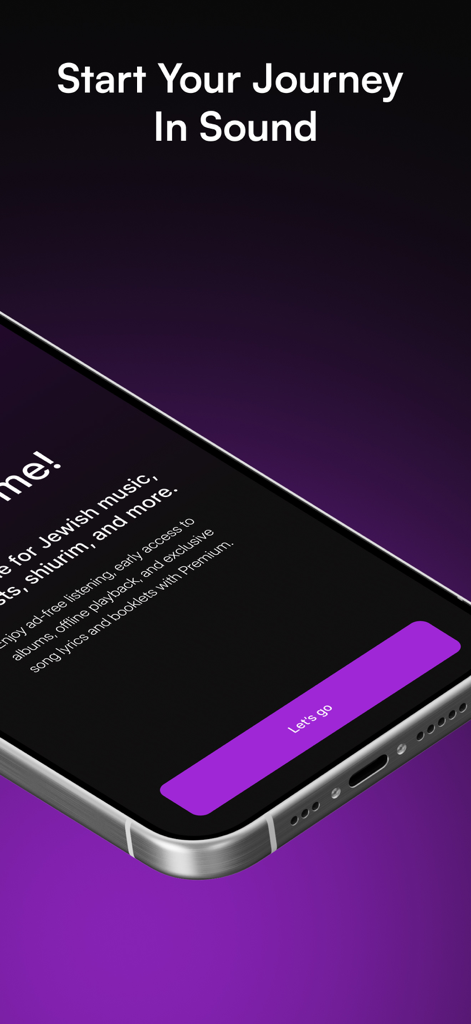 Einführungsbildschirm der Zing jüdischen Musik-Streaming-App mit einer lila Schaltfläche 'Los geht's' auf dunklem Hintergrund.