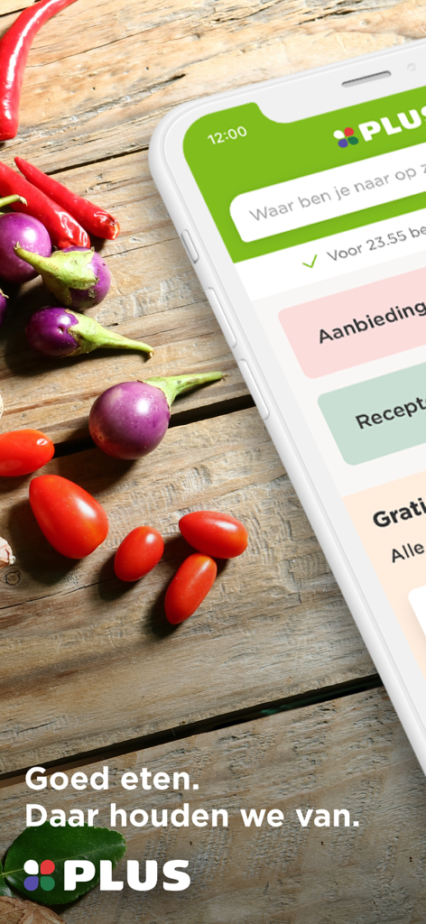 Interfaz de la aplicación móvil de PLUS supermarket con verduras frescas