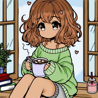 cute anime girl reading book and drinking hot chocolate from mug with loose wavy hair wearing a baggy sweatshirt and shorts sitting by windowsill looking out