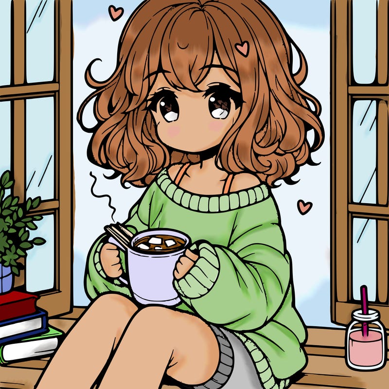 cute anime girl reading book and drinking hot chocolate from mug with loose wavy hair wearing a baggy sweatshirt and shorts sitting by windowsill looking out