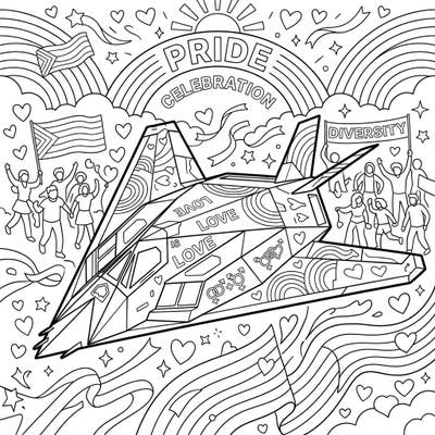Soar into a world where technology meets celebration with this unique Stealth Craft Pride coloring page. Featuring a futuristic jet adorned with symbols of love and diversity, it's a perfect blend of innovation and inclusion for all ages to enjoy.