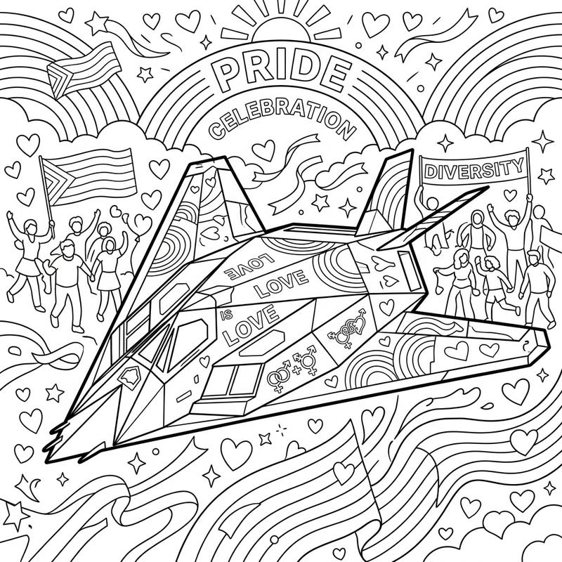Soar into a world where technology meets celebration with this unique Stealth Craft Pride coloring page. Featuring a futuristic jet adorned with symbols of love and diversity, it's a perfect blend of innovation and inclusion for all ages to enjoy.