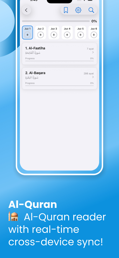Screenshot of the Al-Quran module in the Kabah Map app showing a list of Surahs and reading progress tracking