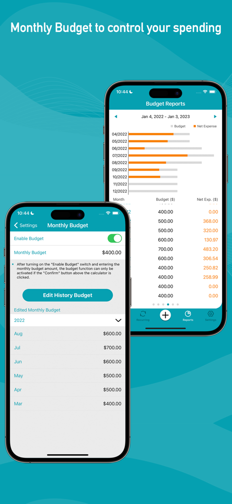 Quick Checkbook app interface showing monthly budget settings and detailed expense comparison reports