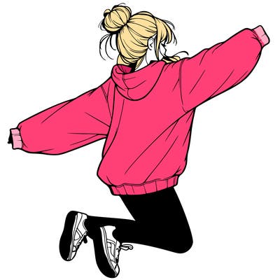 realistic girl jumping with a bun and oversized sweatshirt