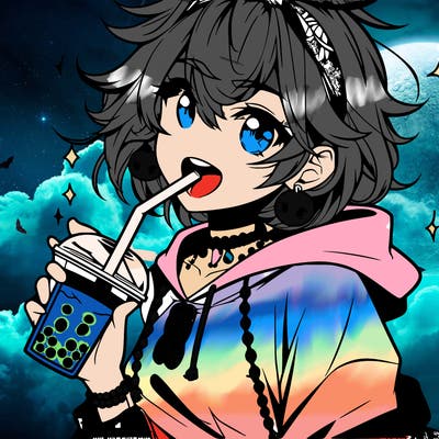 hot baddie anime girl drinking boba and biting the straw