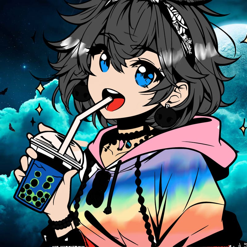 hot baddie anime girl drinking boba and biting the straw